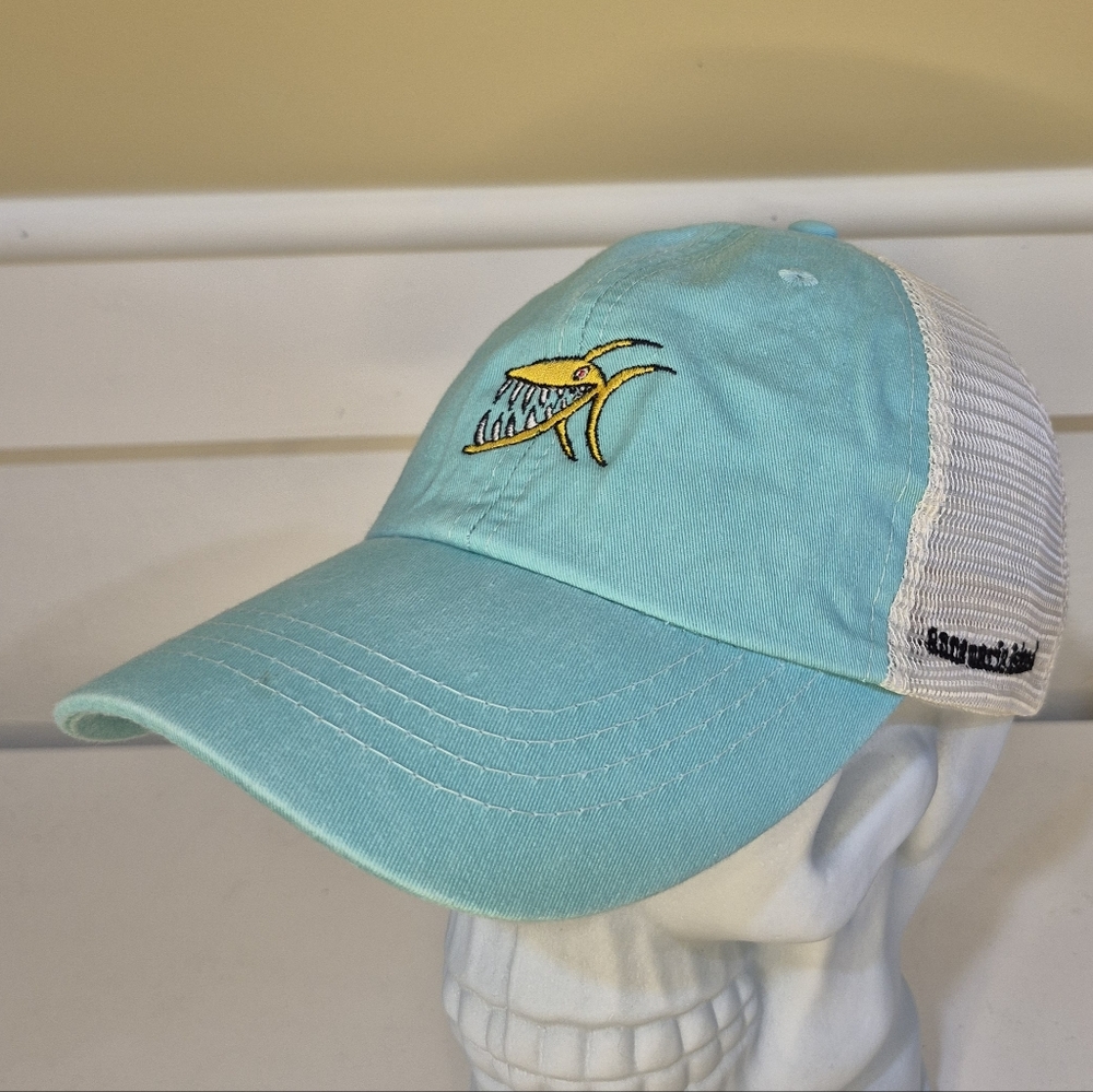 Aqua and Cream Mesh Cap With Enbroidered Scary Fish - Anna Maria Island 2120